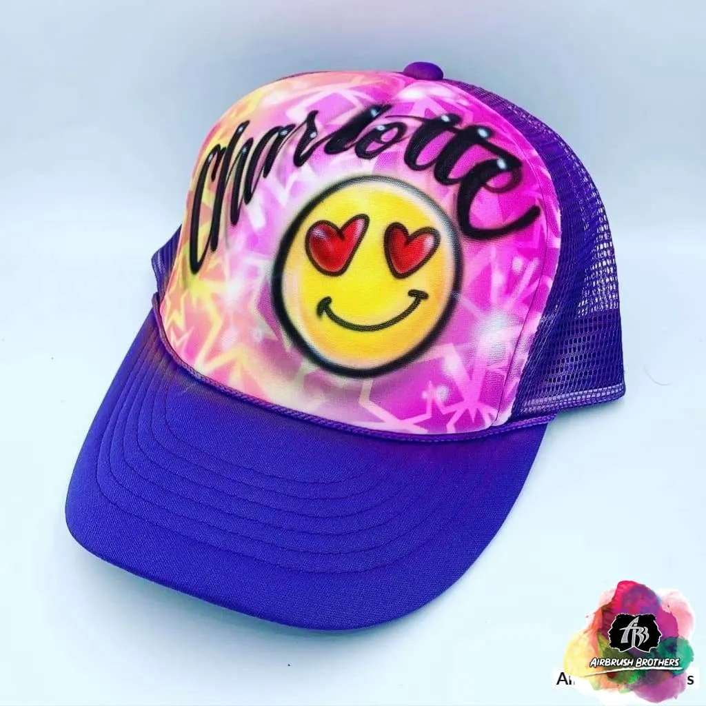 Airbrush Emoji With Heart Eyes And Name Hat Design