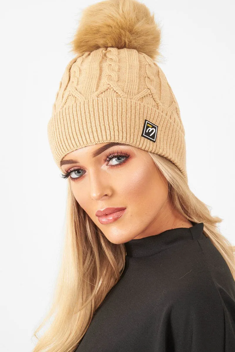 Beige Cable Knit Bobble Hat - Lillyona