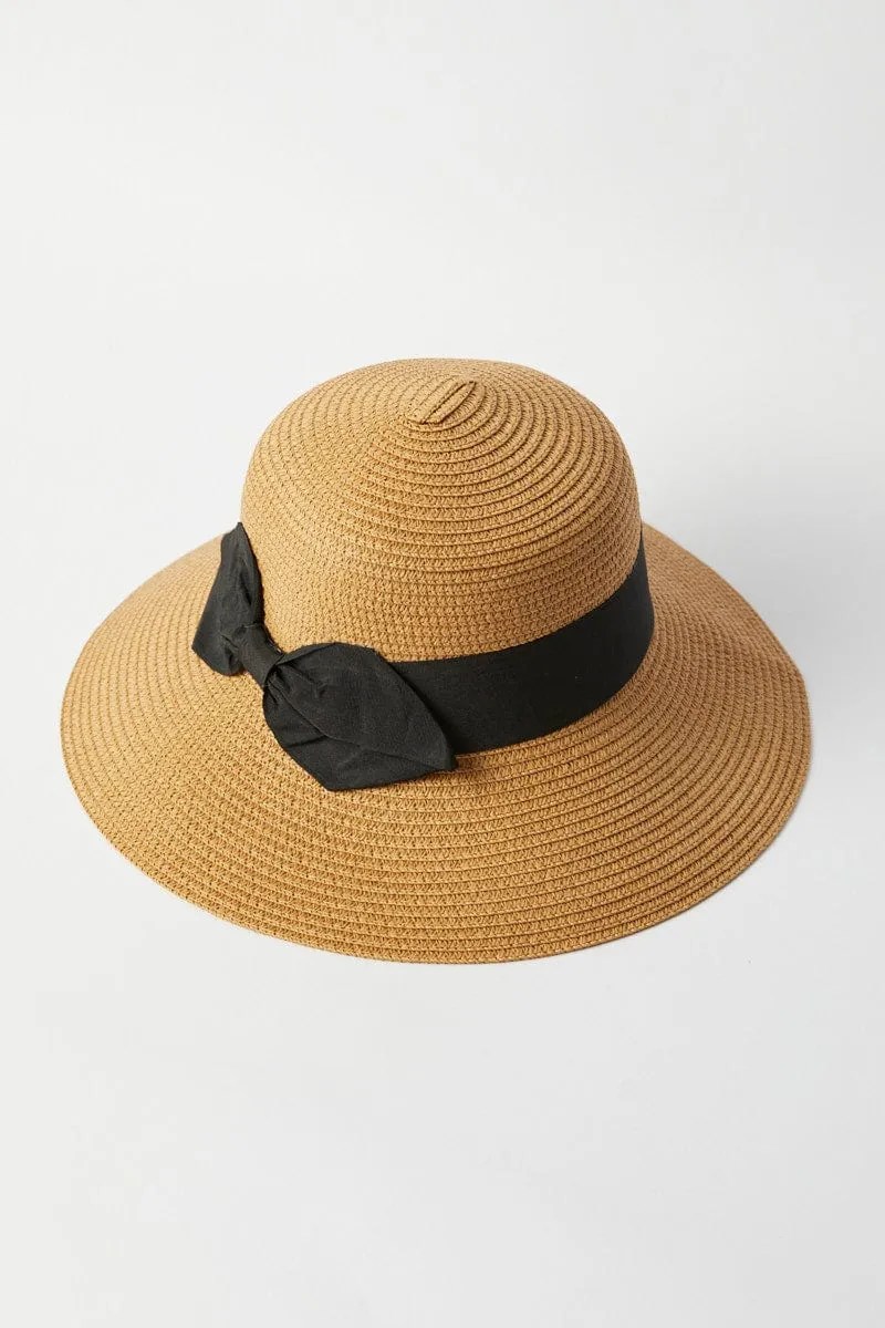 Beige Wide Brim Straw Hat with Bow