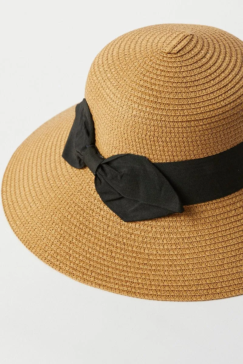 Beige Wide Brim Straw Hat with Bow