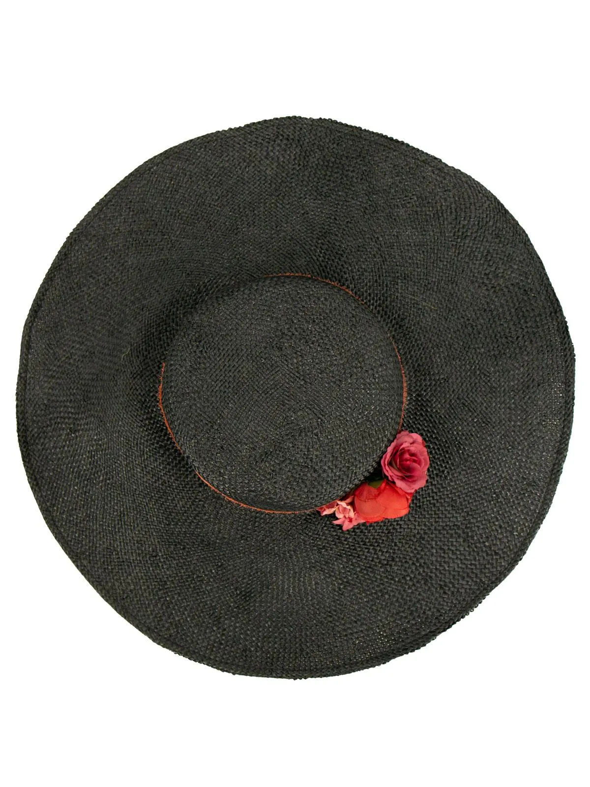 Black 1940s Straw Boater Picture Hat Floral Trim