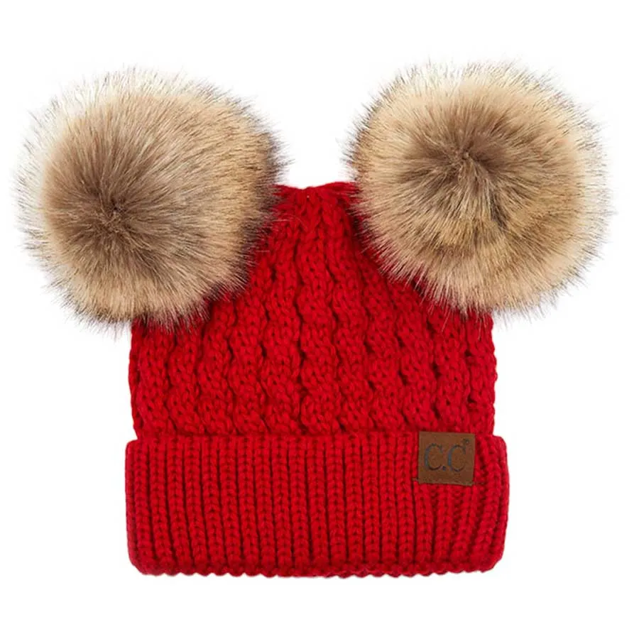 C.C Double Pom Pom All Over Cable Knit Beanie Hat