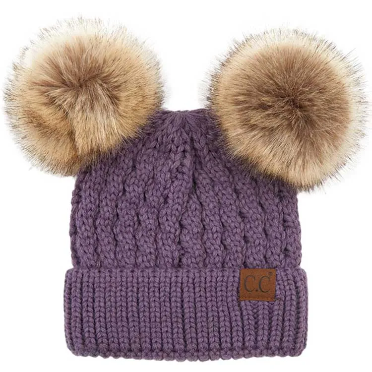 C.C Double Pom Pom All Over Cable Knit Beanie Hat