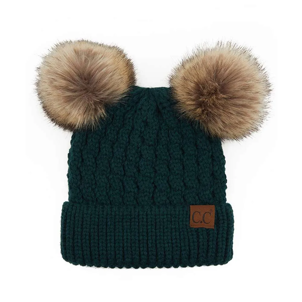 C.C Double Pom Pom All Over Cable Knit Beanie Hat