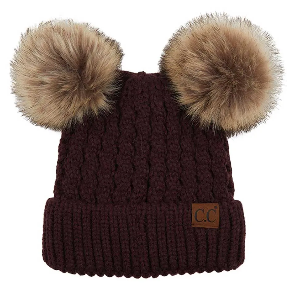 C.C Double Pom Pom All Over Cable Knit Beanie Hat