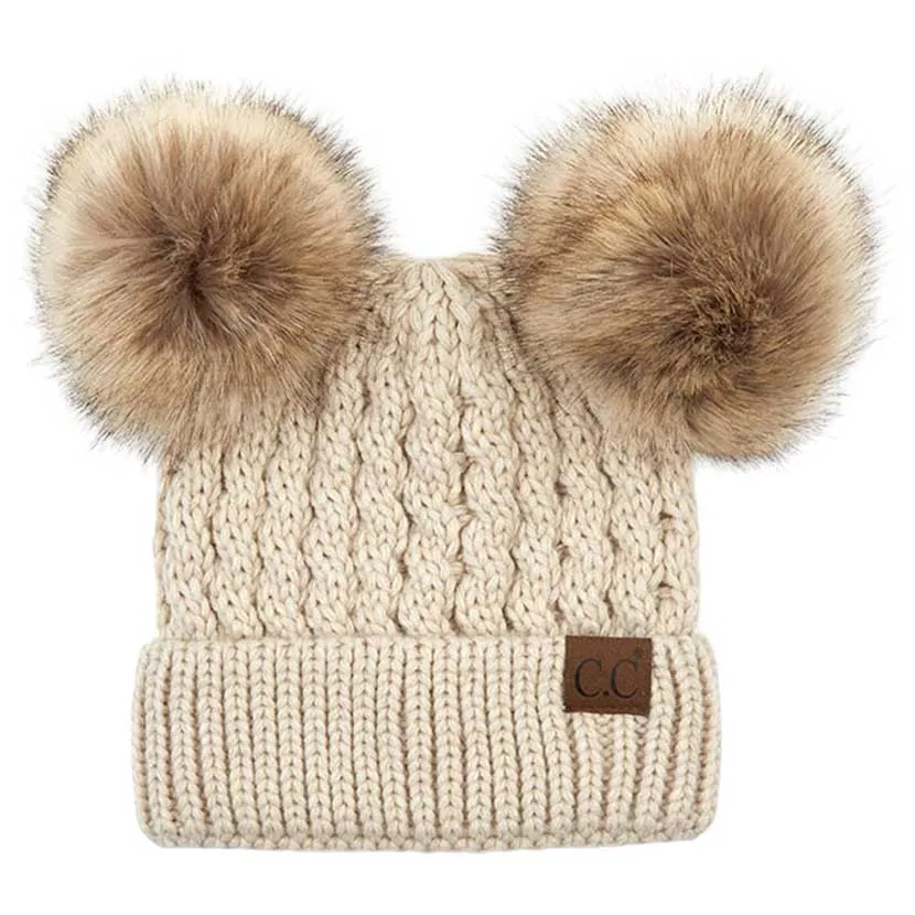 C.C Double Pom Pom All Over Cable Knit Beanie Hat