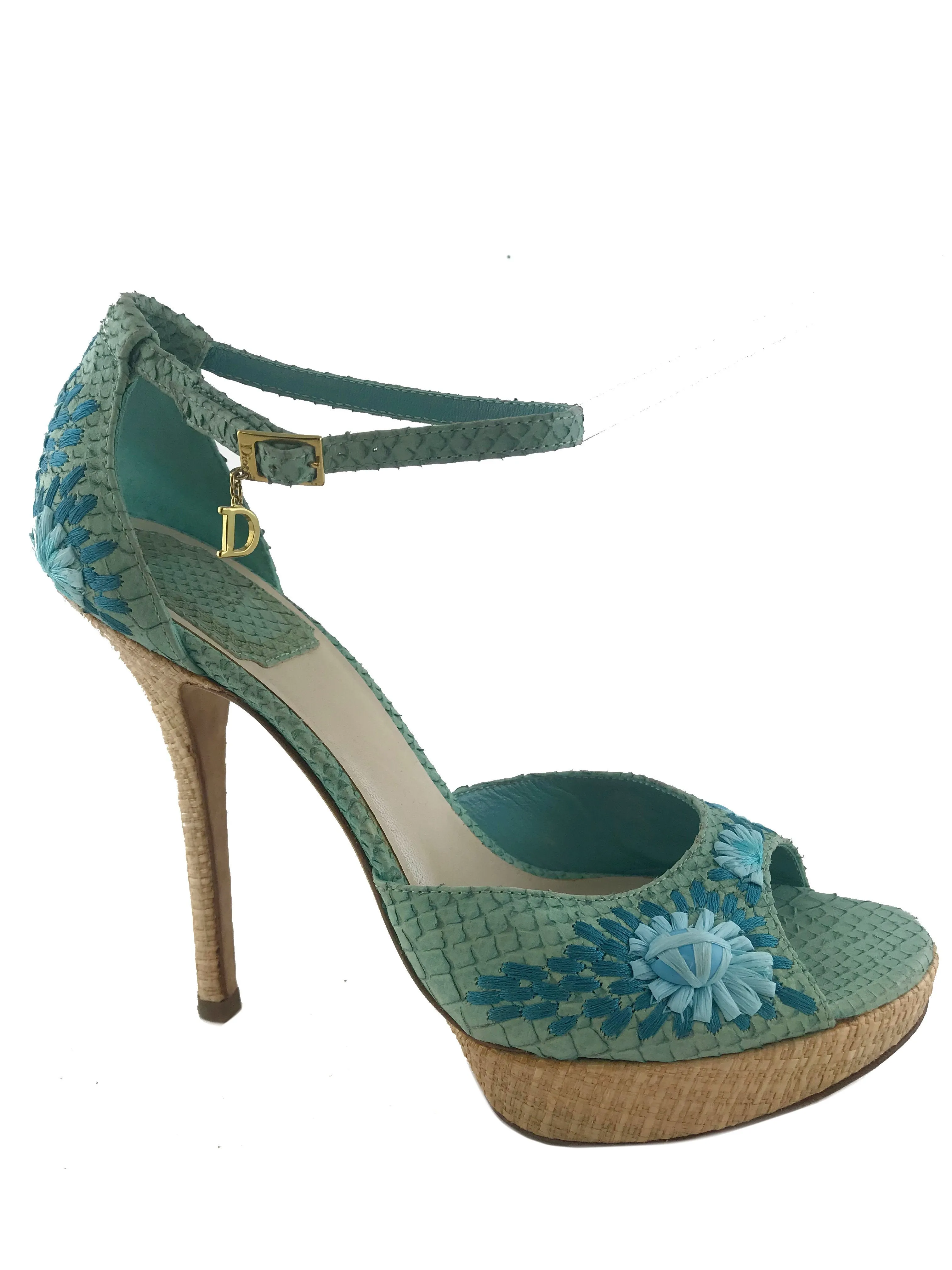 Christian Dior Snakeskin Charm Straw Platform Sandals Size 8.5