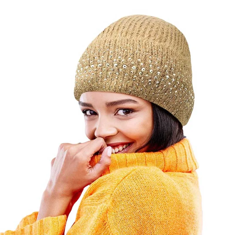 Fleece Lining Rhinestone Embellished Beanie Hat