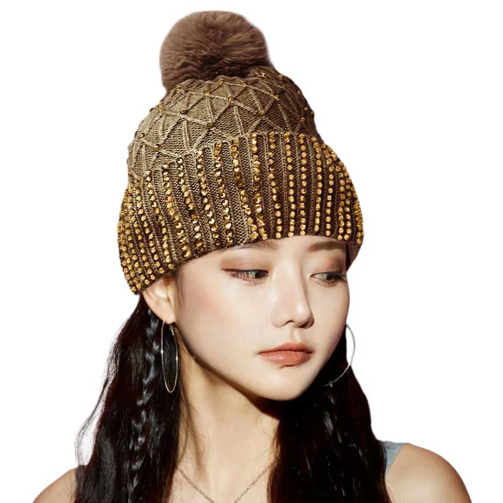 Fleece Lining Rhinestone Embellished Pom Pom Beanie Hat