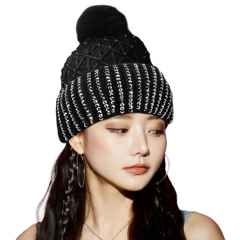 Fleece Lining Rhinestone Embellished Pom Pom Beanie Hat