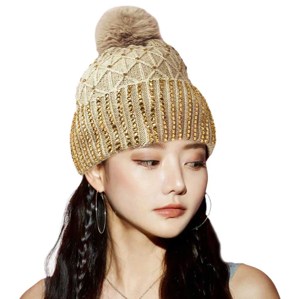 Fleece Lining Rhinestone Embellished Pom Pom Beanie Hat