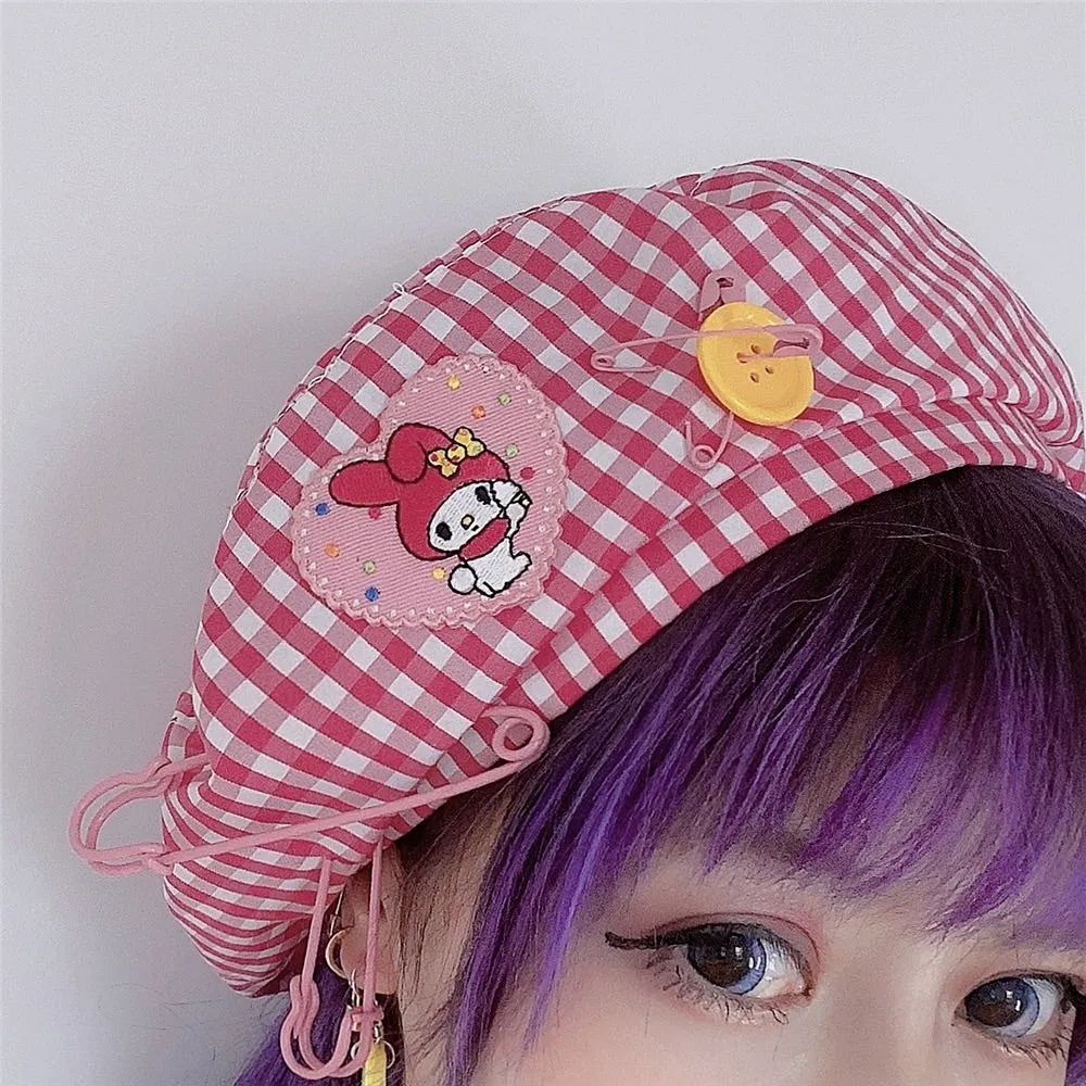 HARAJUKU CARTOON SOFTGIRL BESTIE PLAID SUMMER BERET HAT BY90803