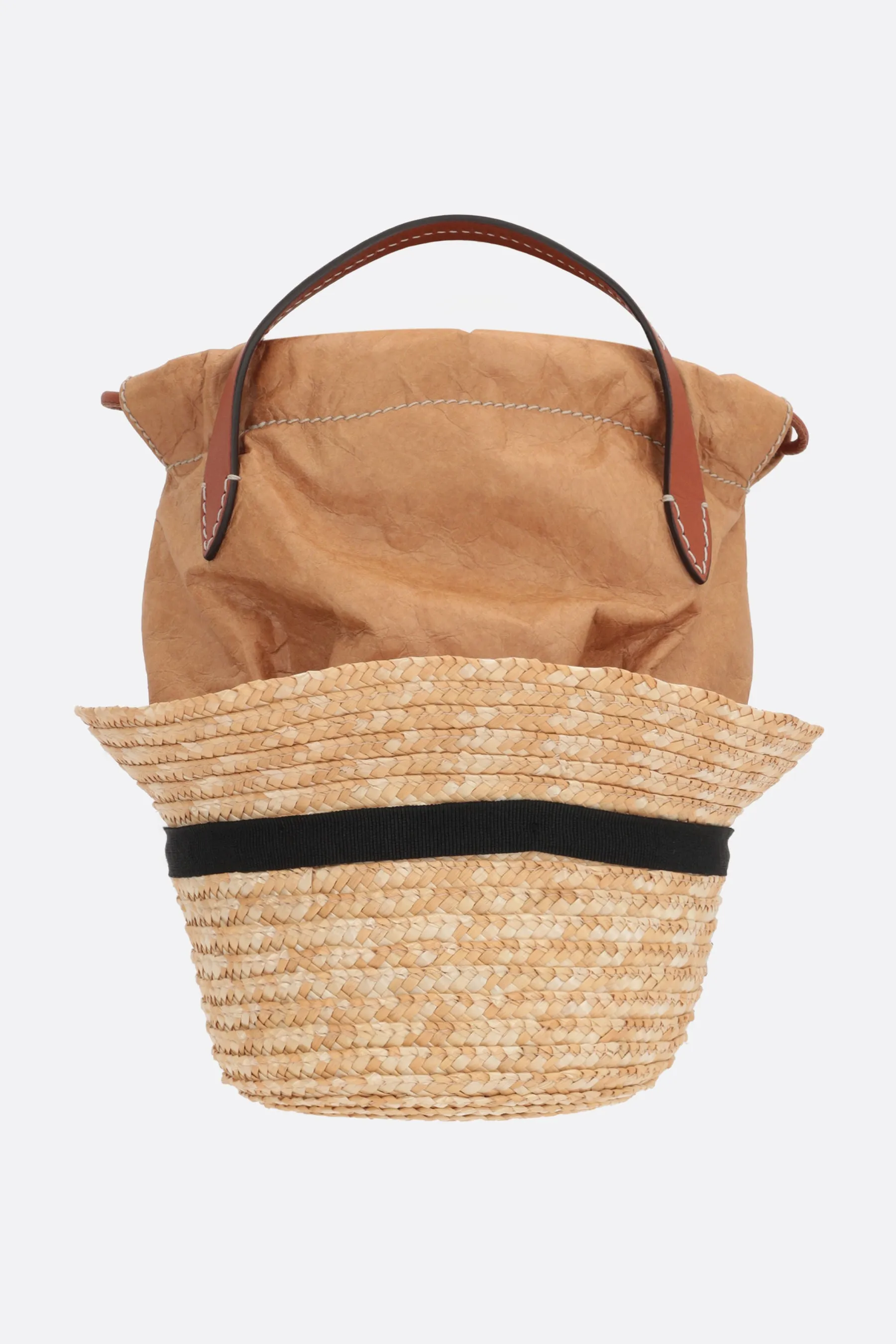 Hat straw and paper-effect faux leather bucket bag