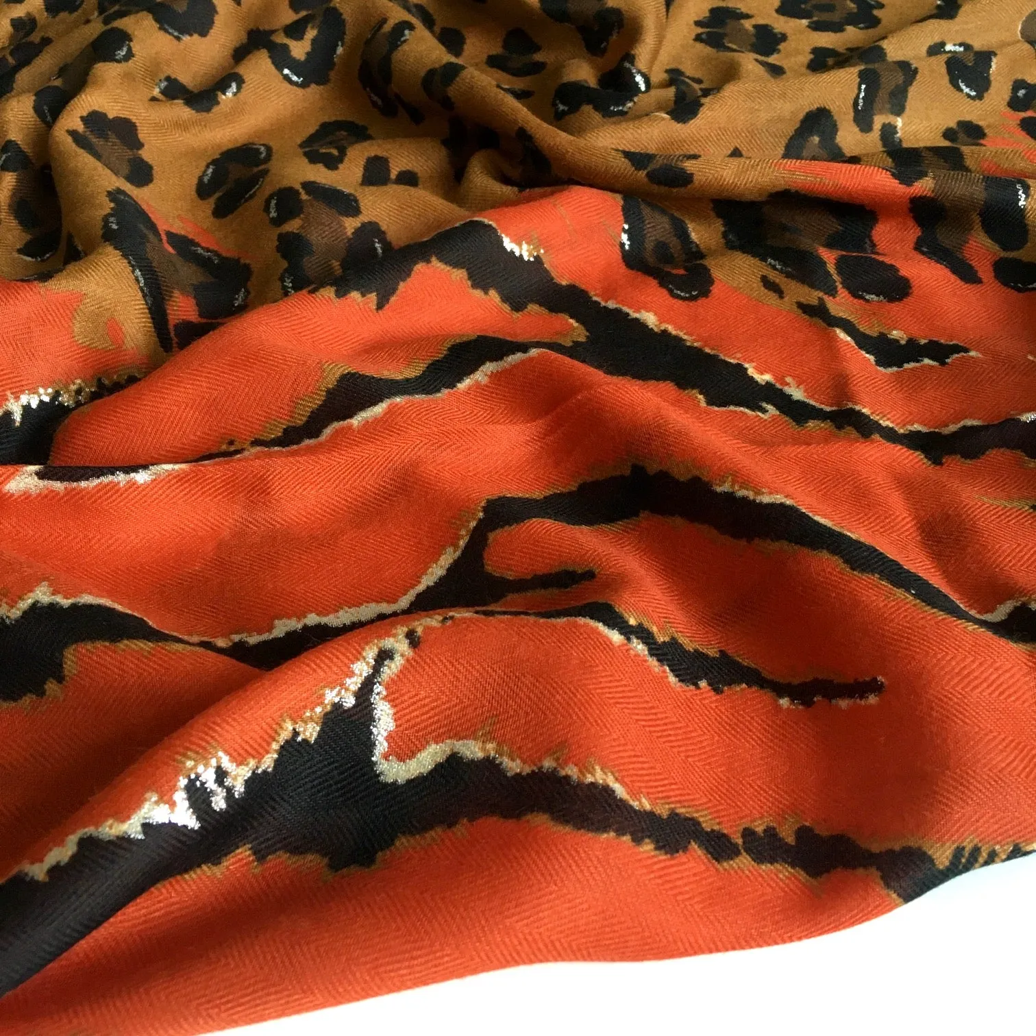 LARGE DEEP ORANGE ZEBRA AND LEOPARD PRINT SHAWL SCARF