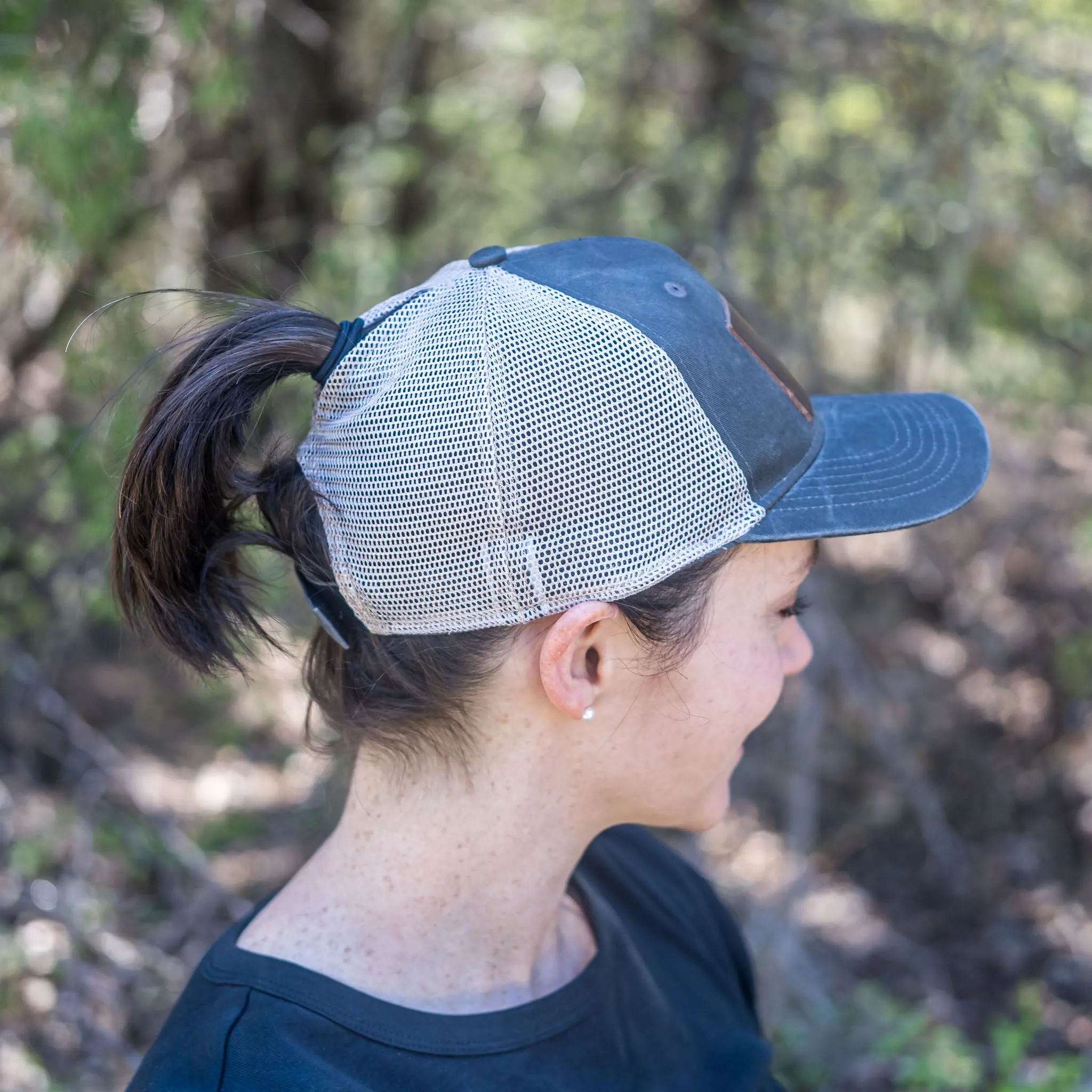 Leather Patch Ponytail Style Hat - California Flag Stamp