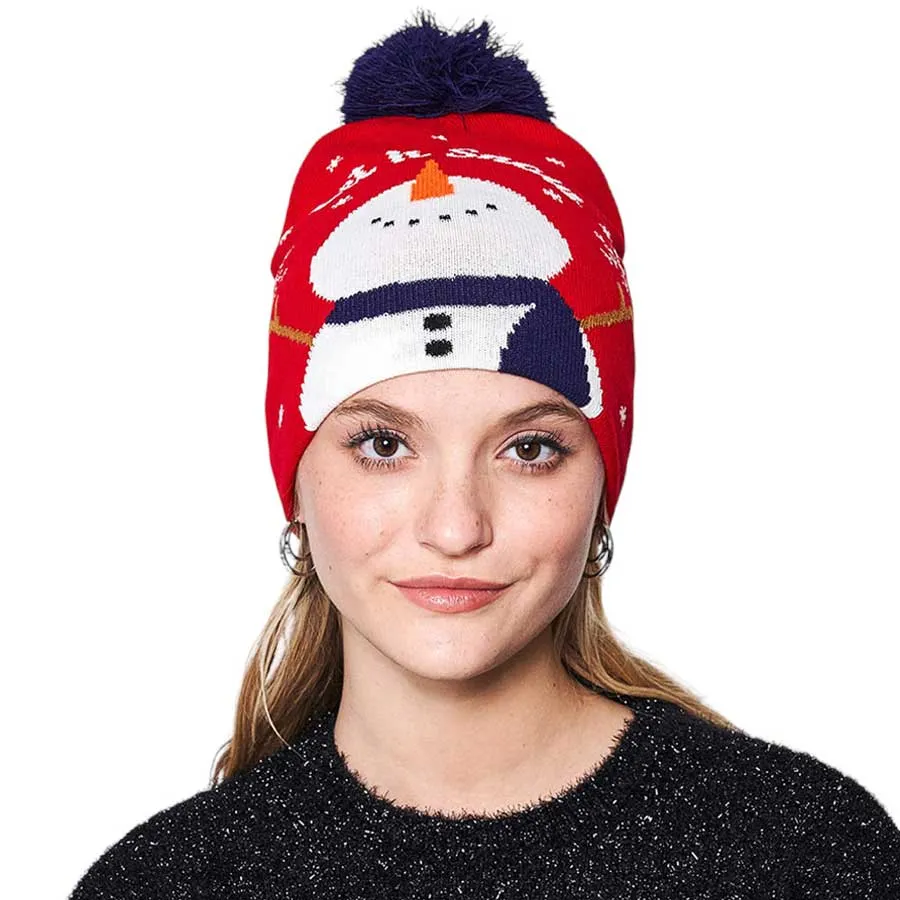 Let It Snow Message Snowman Snowflake Pom Pom Beanie Hat