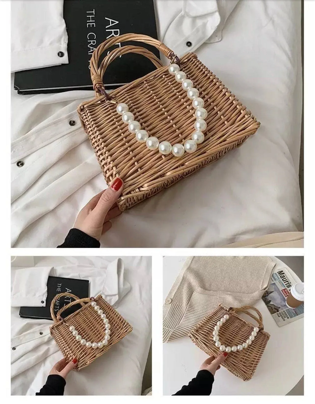 Luxury Pearl Handle Straw Bag