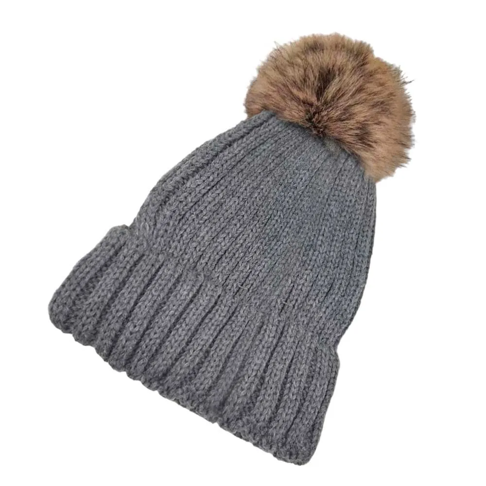 Solid Knit Faux Fur Pom Pom Beanie Hat