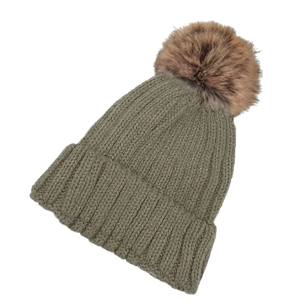 Solid Knit Faux Fur Pom Pom Beanie Hat