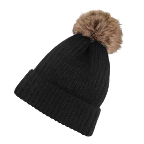 Solid Knit Faux Fur Pom Pom Beanie Hat