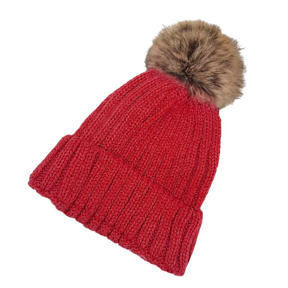 Solid Knit Faux Fur Pom Pom Beanie Hat