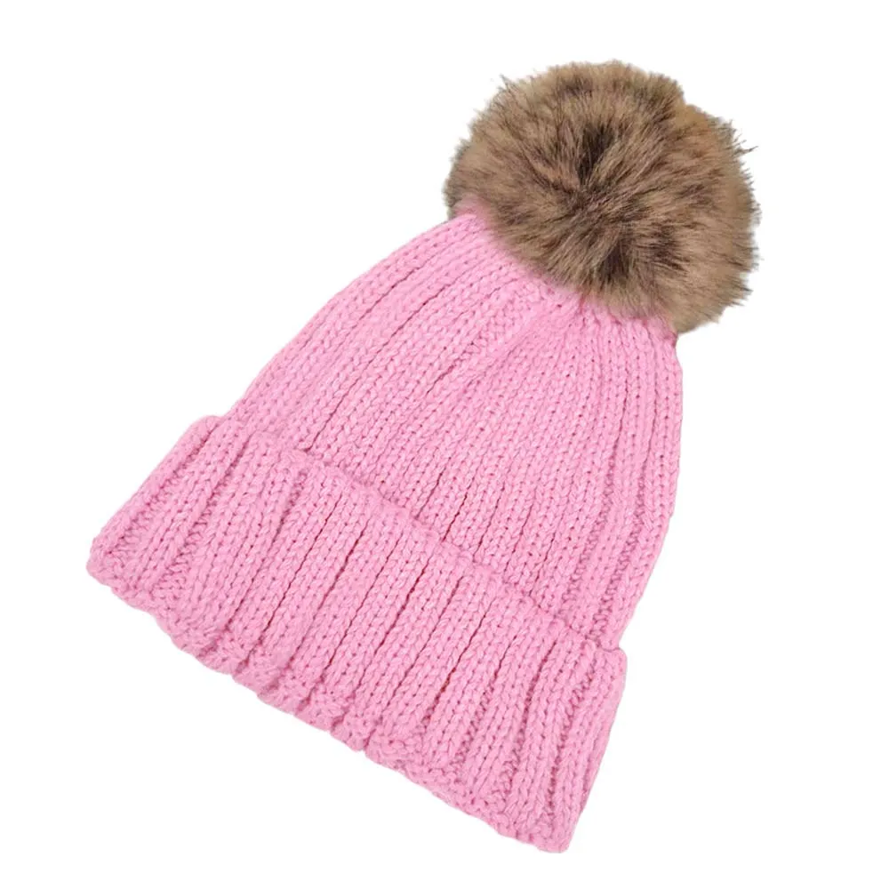 Solid Knit Faux Fur Pom Pom Beanie Hat