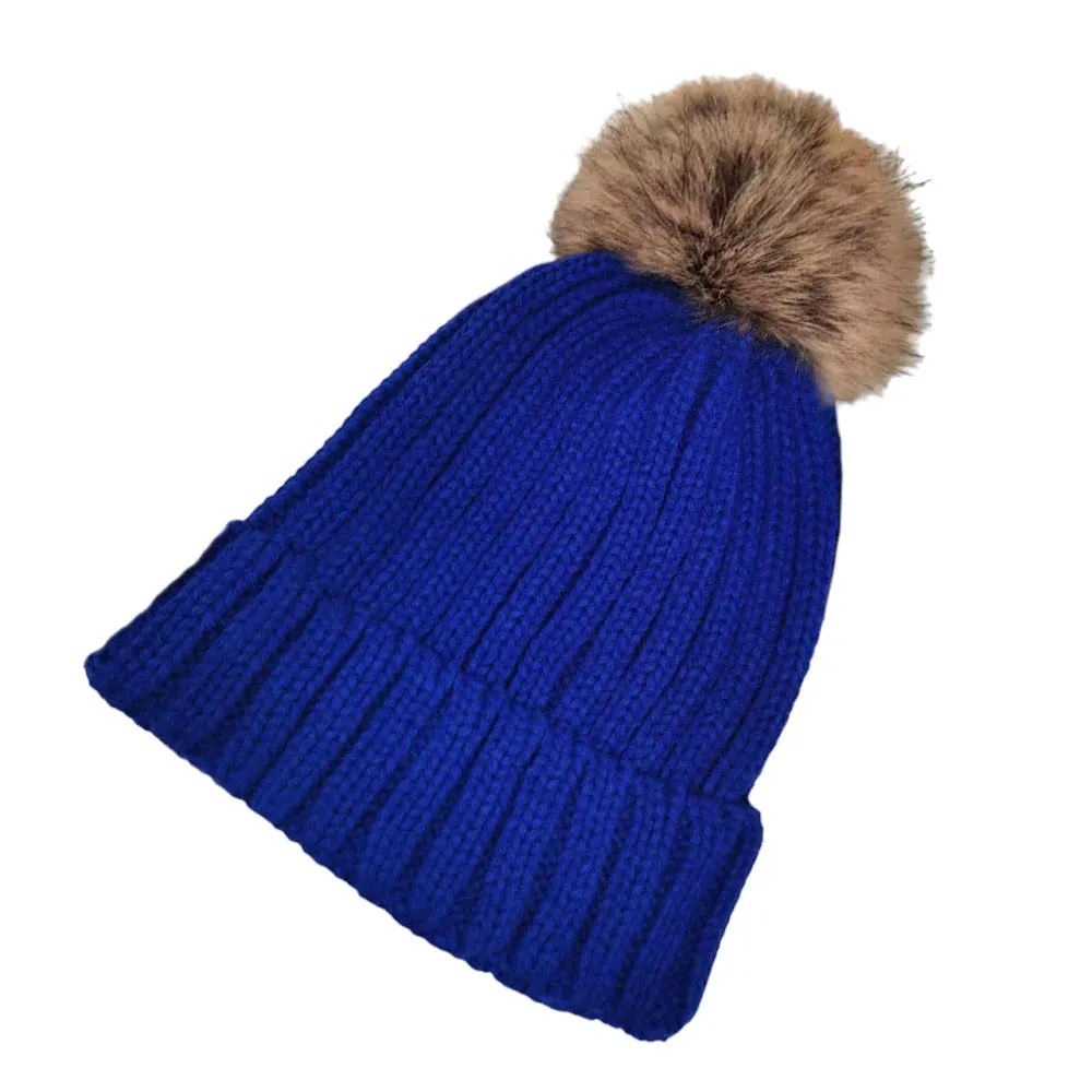 Solid Knit Faux Fur Pom Pom Beanie Hat