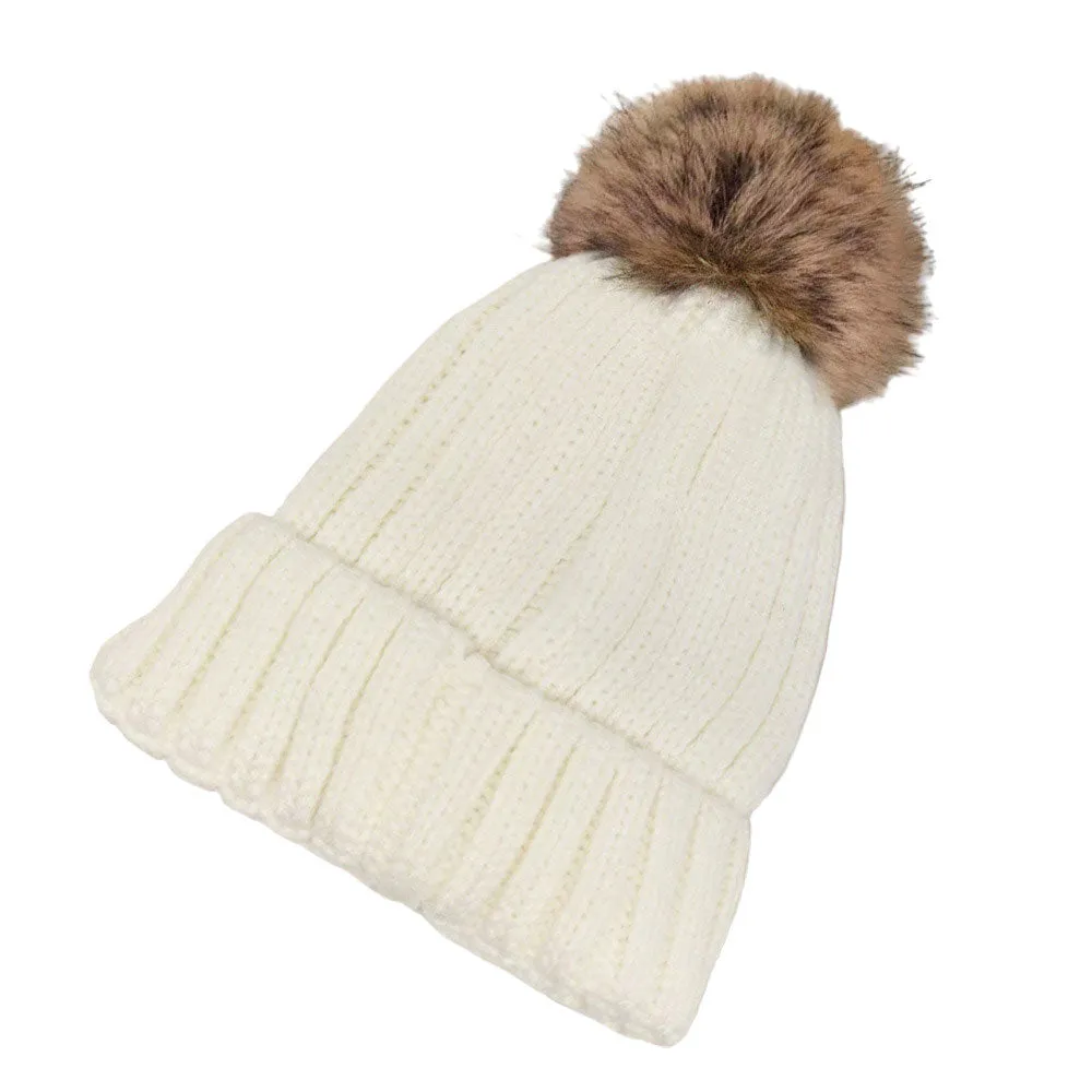 Solid Knit Faux Fur Pom Pom Beanie Hat