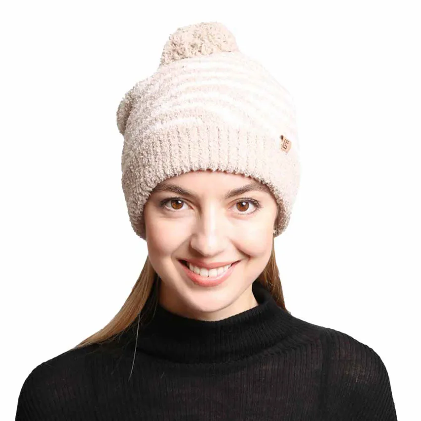 Zebra Lined Pom Pom Beanie Hats