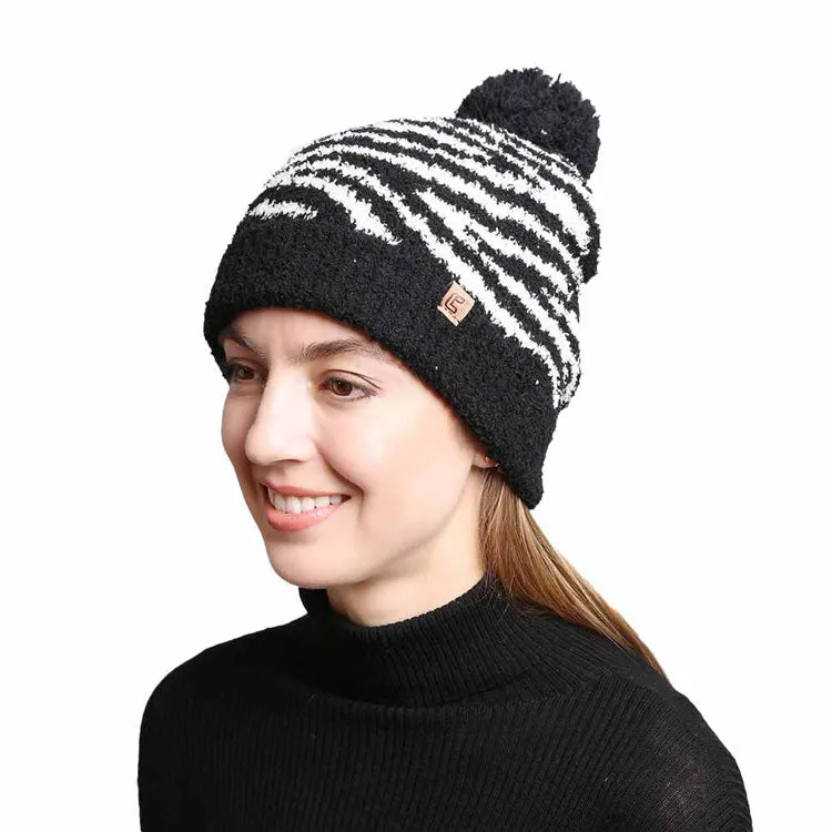 Zebra Lined Pom Pom Beanie Hats